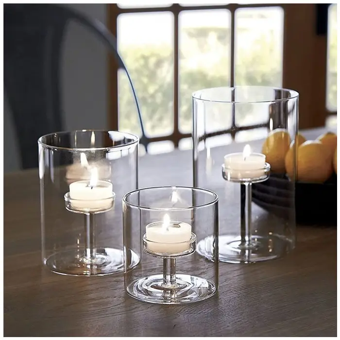 Portaespelmes d'huracà de vidre de cilindre transparent de 3 peces per a espelmes de pilar (3)