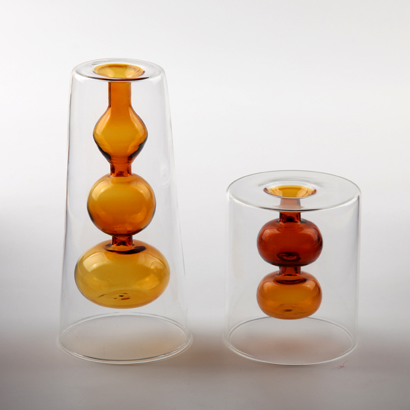 Amberkleurige dubbellaagse glazen vaas